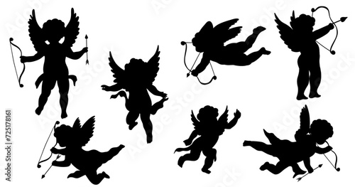 Silhouette Cupid with bow and arrow. Valentine day collection. Hand drawn cartoon cute elements in retro vintage style. Amur Boy or god eros. Love flying angel Valentine’s Day vector illustration