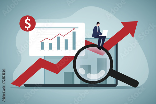 Market research data analysis, analyze business data or financial report, Profit and earning concept, Magnifying glass analyze data on computer laptop.