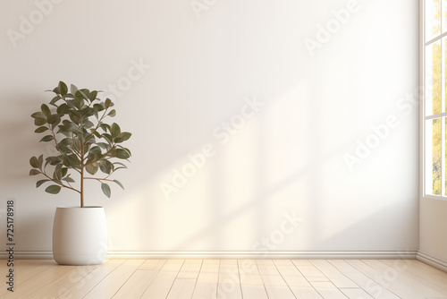 Empty light room interior with plant and shadow