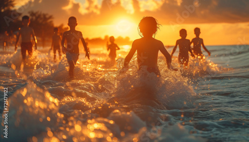 Group of children enjoying the sea on vacation.