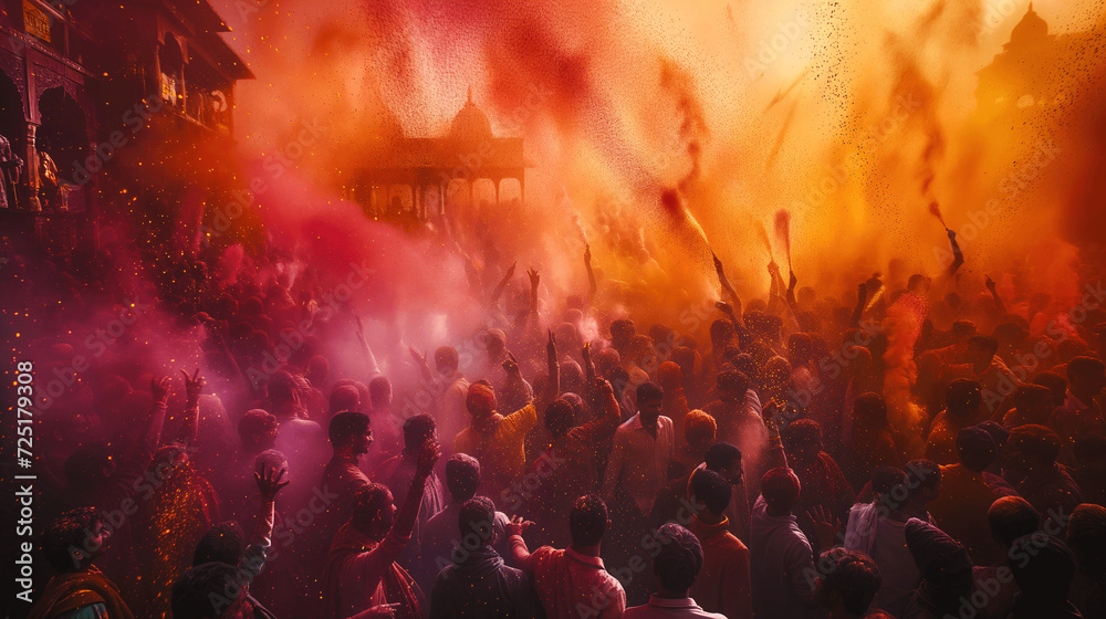 Holi Festival Celebrations with Colorful Powder Thrown in Air - obrazy, fototapety, plakaty 