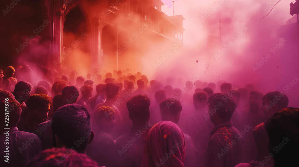 Dense Crowd Immersed in Holi Festival's Pink Color Clouds
