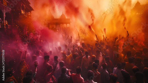Holi Festival Celebrations with Colorful Powder Thrown in Air photo