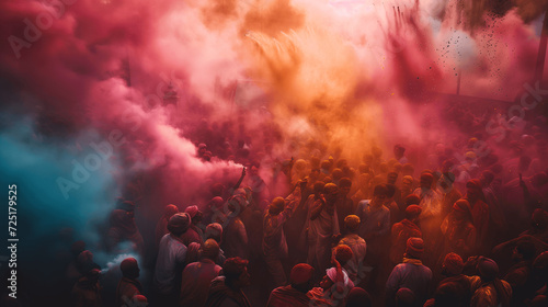 Mystical Holi Atmosphere with Crowds Enveloped in Colorful Smoke