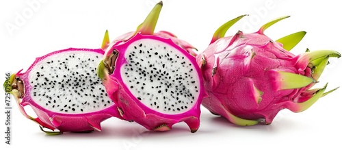 Dragon fruit, also known as pitaya or pitahaya, shown on a white background, promoting the idea of a healthy fruit. photo