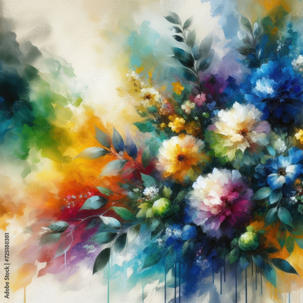 colors of nature come alive, with a vibrant and colorful painting of flowers against an abstract background.
