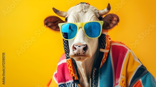 Creative animal concept. Cow, vibrant bright fashionable outfits isolated on solid background advertisement with copy space. birthday party invite invitation banner