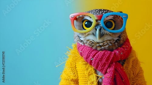 Creative animal concept. Owl, vibrant bright fashionable outfits isolated on solid background advertisement with copy space. birthday party invite invitation banner