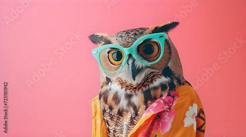 Creative animal concept. Owl, vibrant bright fashionable outfits isolated on solid background advertisement with copy space. birthday party invite invitation banner photo