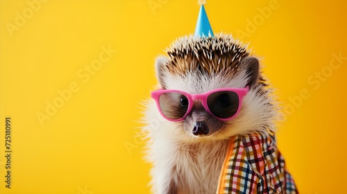 Creative animal concept. Porcupine, vibrant bright fashionable outfits isolated on solid background advertisement with copy space. birthday party invite invitation banner © Muzikitooo