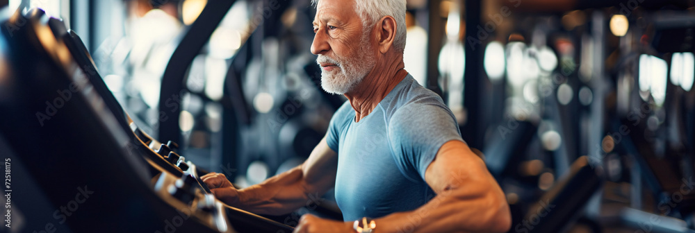 Age is just a number A fit senior man s treadmill workout in a gym Stock Adobe Stock
