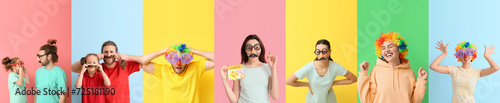 Set of people celebrating April Fools Day on color background photo
