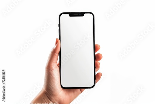 Hand holding IPHONE smartphone white blank screen mockup isolated on transparent background. . Generative AI. photo