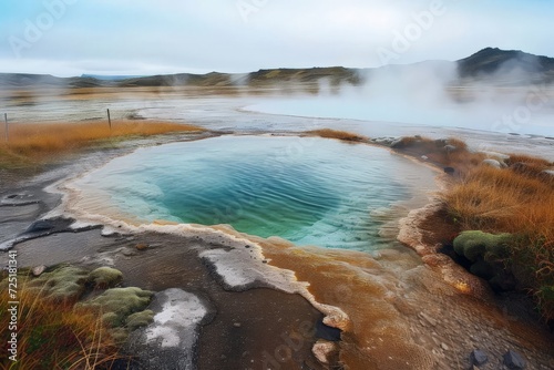 a hot thermal pool filled with hot spring water at an Icelandic geothermal spa for wellness for Young woman relaxing . Generative AI