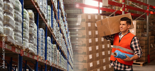Distribution. Worker with cardboard box and roil of stretch film in warehouse, double exposure. Banner design
