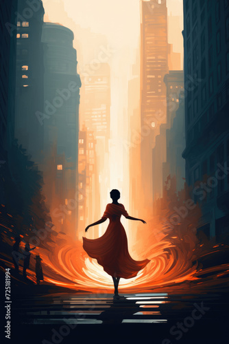 painting og a happy girl dancing in the city streets