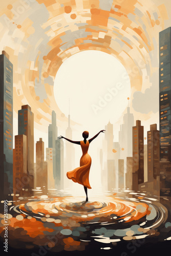 painting og a happy girl dancing in the city streets