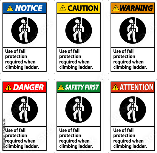 Caution Sign, Use Of Fall Protection Required When Climbing Ladder