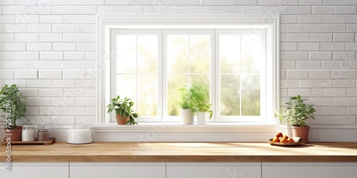 Bright kitchen with window and white brick tiles.