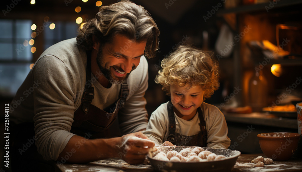 Father and son bonding, baking cookies with love generated by AI