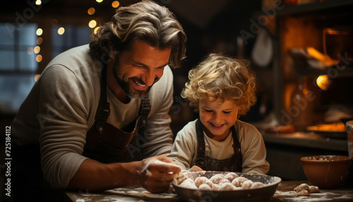 Father and son bonding, baking cookies with love generated by AI