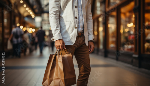 A young businessman confidently walks through the city, shopping bag in hand generated by AI