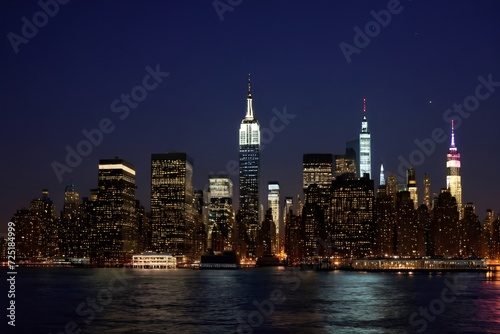 View of New York City skyline at night