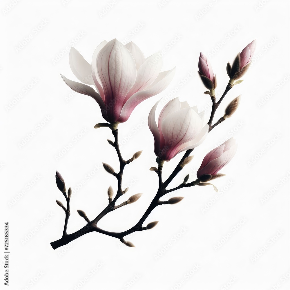 magnolia flowers in full bloom, their pinkish-white petals standing out against a pure white background.