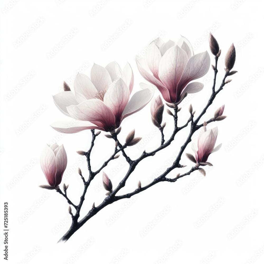 minimalist representation of nature’s beauty a dark, slender branch with budding leaves and two prominent magnolia flowers. minimalist representation of nature’s beauty a dark, slender branch with budding leaves and two prominent magnolia flowers.