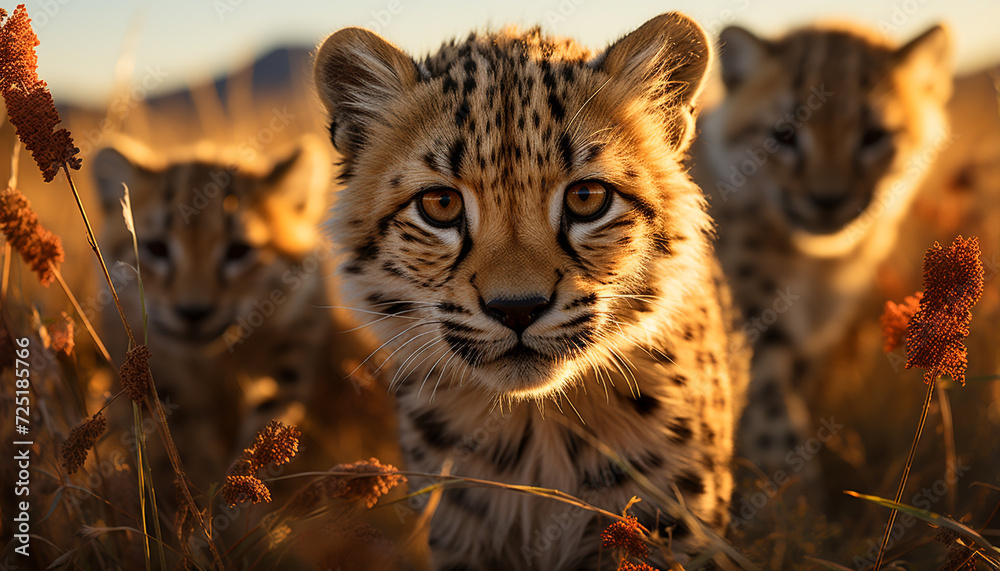 Obraz premium Majestic cheetah walking in African wilderness, spotted beauty in nature generated by AI