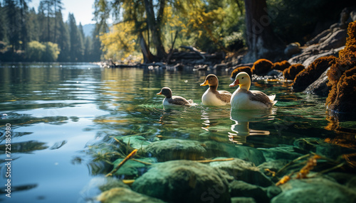 Duck family swimming in tranquil pond, surrounded by nature generated by AI © Jemastock