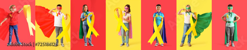 Set of children in superhero costumes and with awareness ribbons on color background. International Childhood Cancer Day