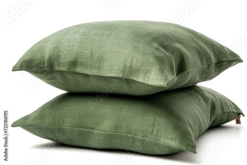 Green linen decorative cushion, isolated on white background