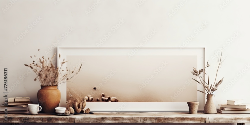 Boho interior with dried plants, coffee, books, and picture frame on wall. Boho interior with dried plants, coffee, books, and picture frame on wall.