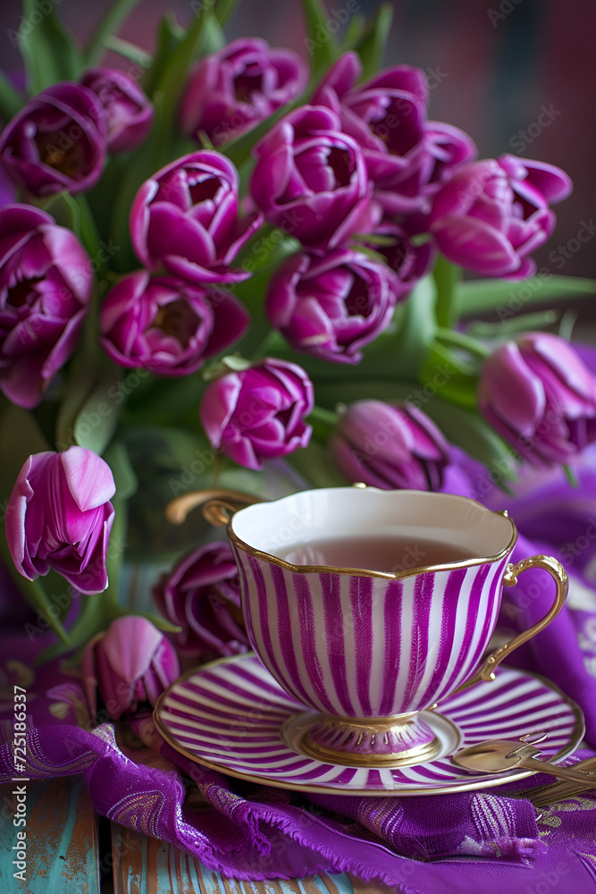 An elegant porcelain tea set with a striped pattern and a bouquet of purple tulips on a wooden table, ideal for morning tea or as a festive table decoration.
An elegant porcelain tea set with a striped pattern and a bouquet of purple tulips on a wooden table, ideal for morning tea or as a festive table decoration.