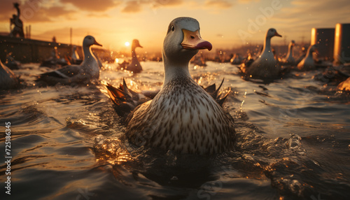 Duckling swimming in pond, nature beauty reflected generated by AI © Jemastock