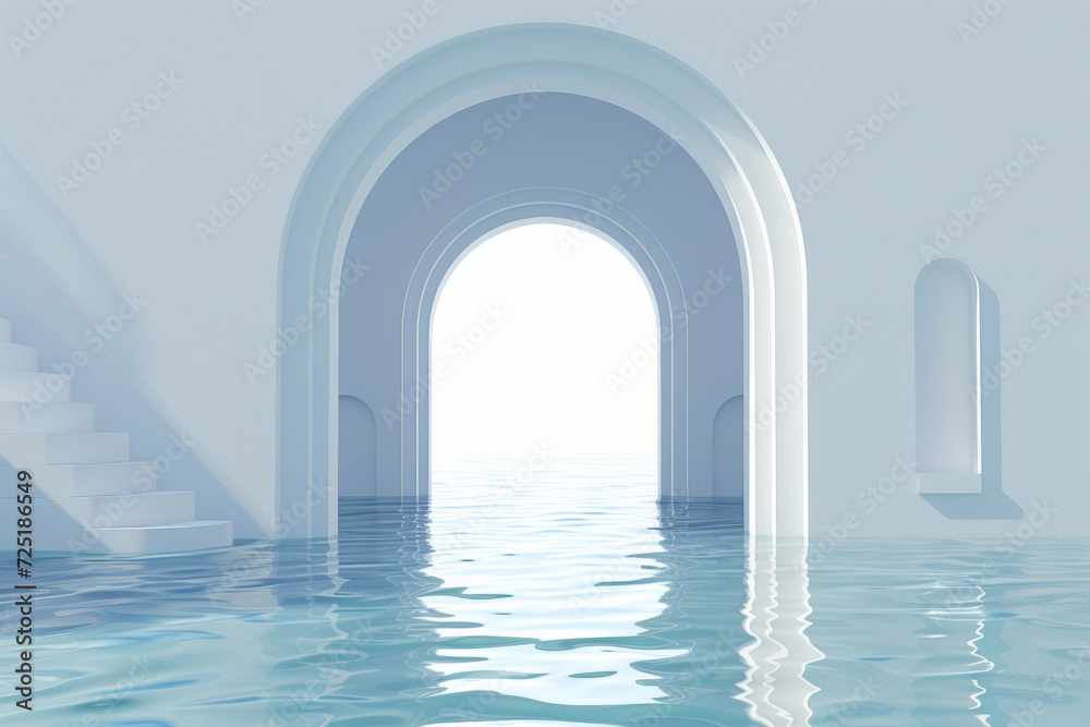 Arc door with water surface 3d rendering. 