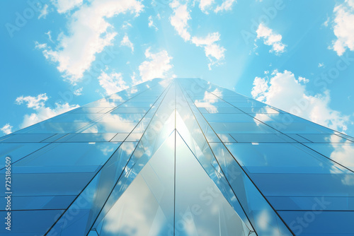 3d render abstract modern minimal background mirror pyramid skyscraper under the blue sky with white clouds.