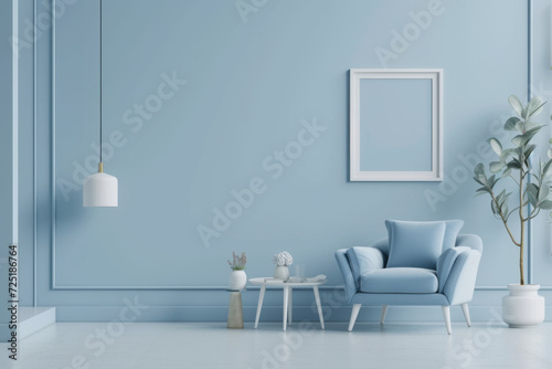 Interior of the room in plain monochrome pastel blue color with furnitures and room accessories. 