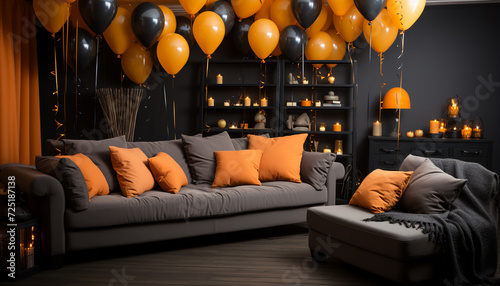 Cozy modern living room, illuminated by electric lamp and candle generated by AI