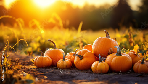 Autumn celebration pumpkin lanterns glow in spooky November sunset generated by AI