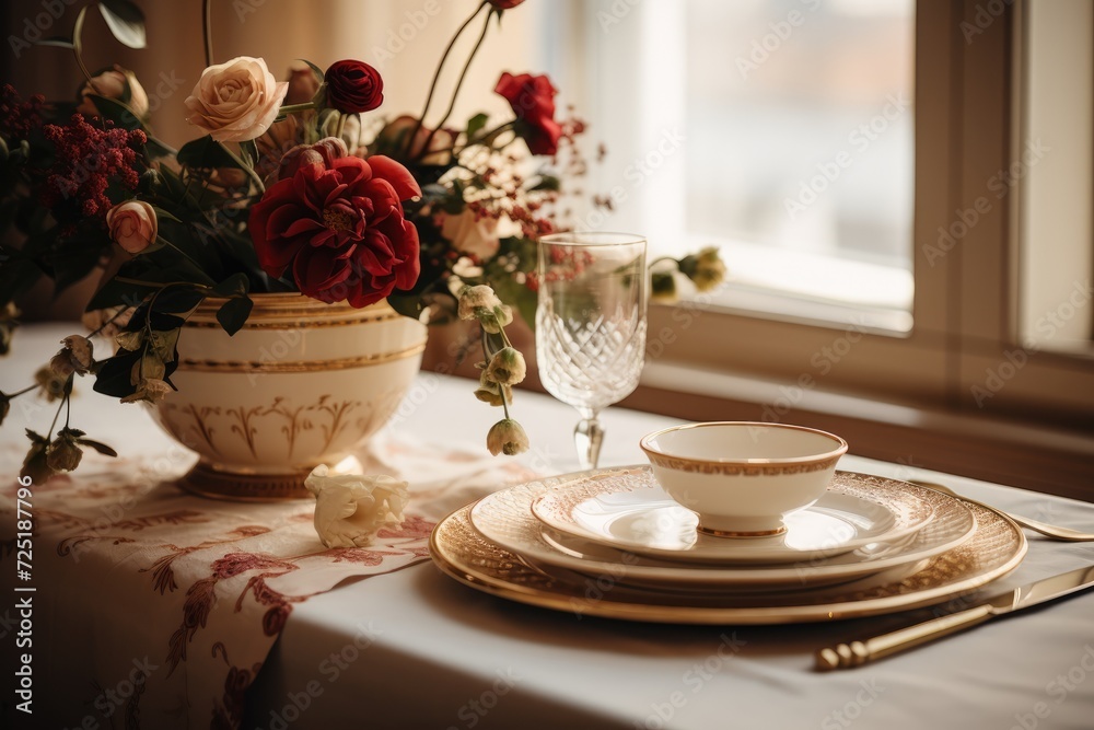 Floral Dinner Table Arrangement with, Plates, Glasses, and Bouquet in a Restaurant Setting Floral Dinner Table Arrangement with, Plates, Glasses, and Bouquet in a Restaurant Setting