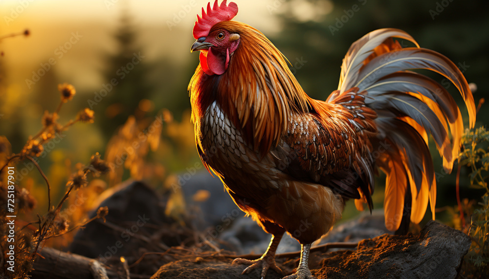 Majestic rooster standing in the sunlit meadow generated by AI - obrazy, fototapety, plakaty 
