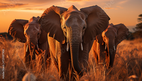 Elephants roam the African savannah, majestic and wild generated by AI photo