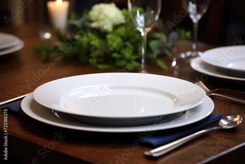 Floral Dinner Table Arrangement with, Plates, Glasses, and Bouquet in a Restaurant Setting