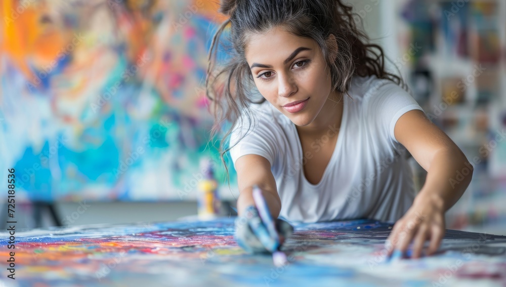 Fototapeta premium Young artist immersed in creating vibrant artwork