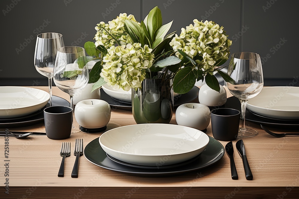 Floral Dinner Table Arrangement with, Plates, Glasses, and Bouquet in a Restaurant Setting Floral Dinner Table Arrangement with, Plates, Glasses, and Bouquet in a Restaurant Setting
