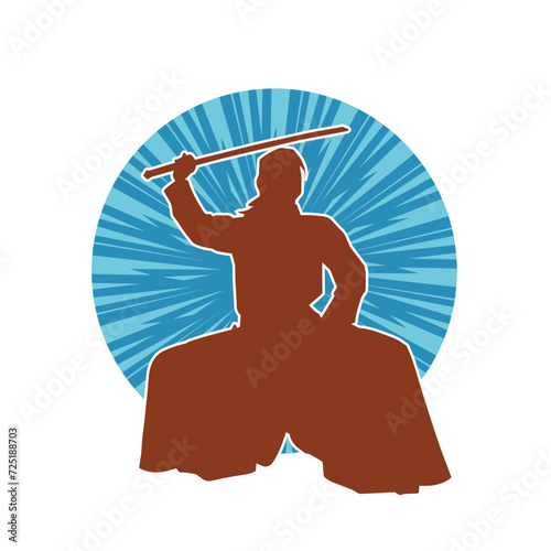 Silhouette of a sword warrior in action pose. Silhouette of a martial art person carrying sword weapon. Silhouette of kendo martial art pose.