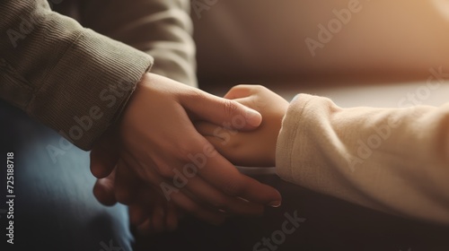 Family and care, close-up of compassionate foster parents holding hands of little girl Provide psychological assistance Generations of families who sincerely share secrets or make peace. photo