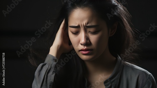 A Depressed frustrated young Asian woman suffering from headache, migraine, touching face, head with closed eyes, feeling stressed, sick, tired, thinking over bad news, problems, crisis. © Phoophinyo